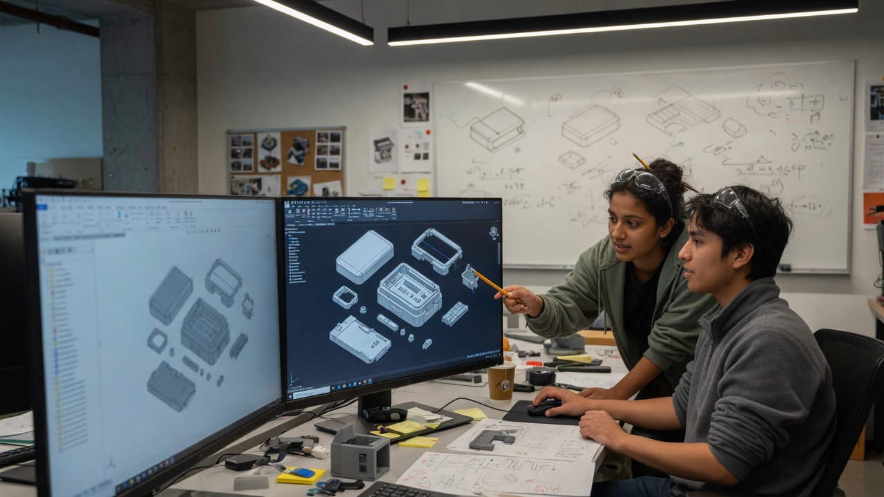 Young designers collaborating on a 3D CAD mechanical assembly