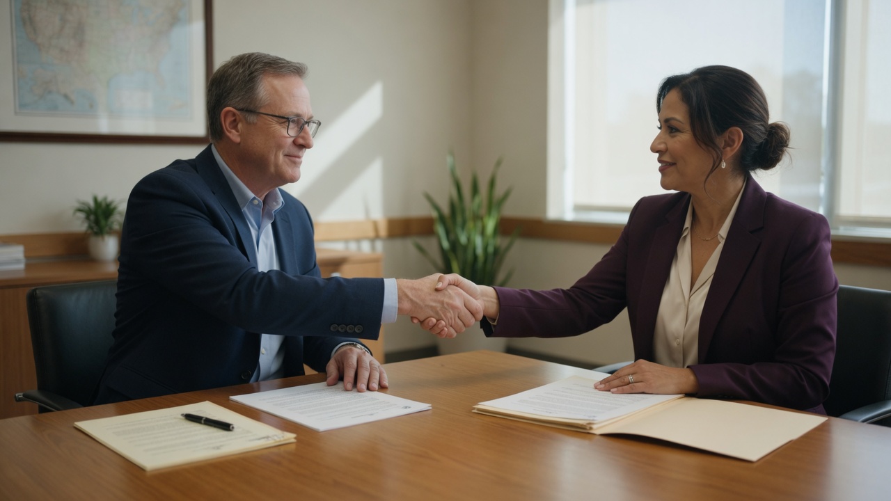 Two people shaking hands over agreement documents, symbolizing interstate compact cooperation