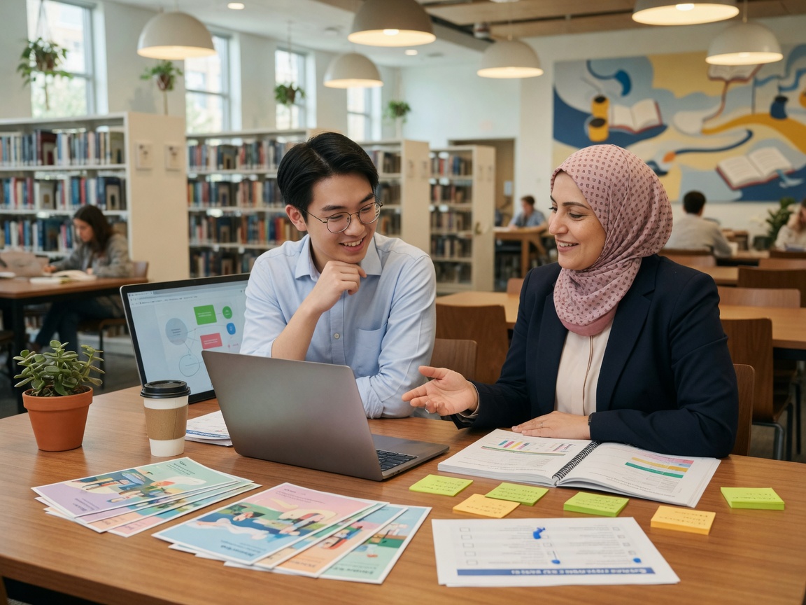 Young adult reviewing college pathway materials with a counselor