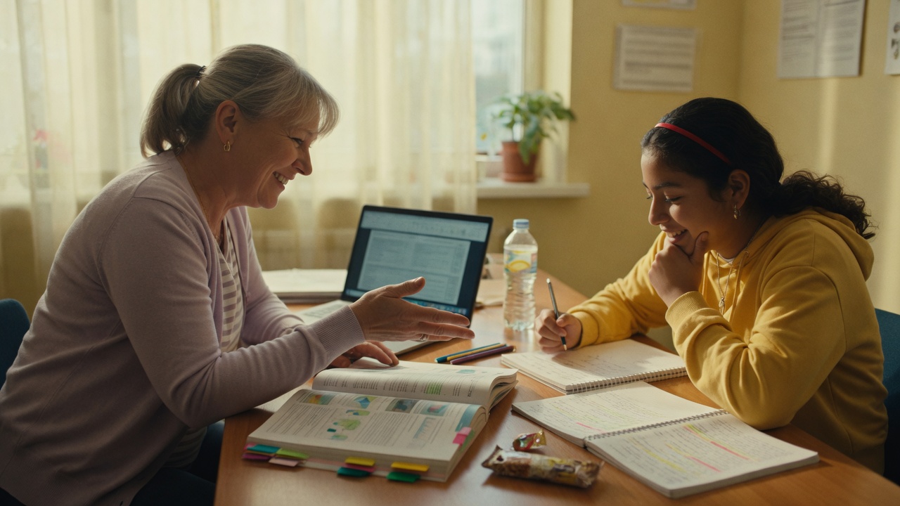 Mentor tutoring a student with books and a laptop