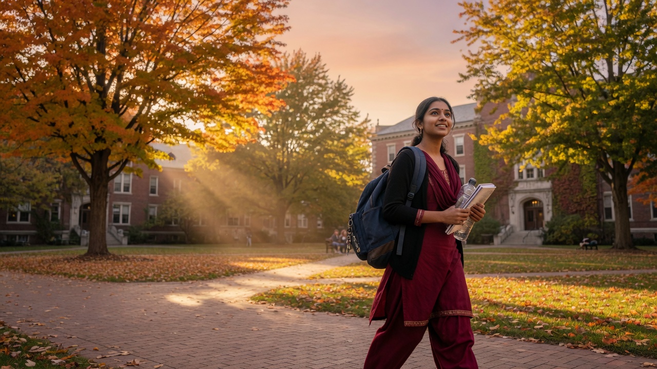 College student walking across a university campus